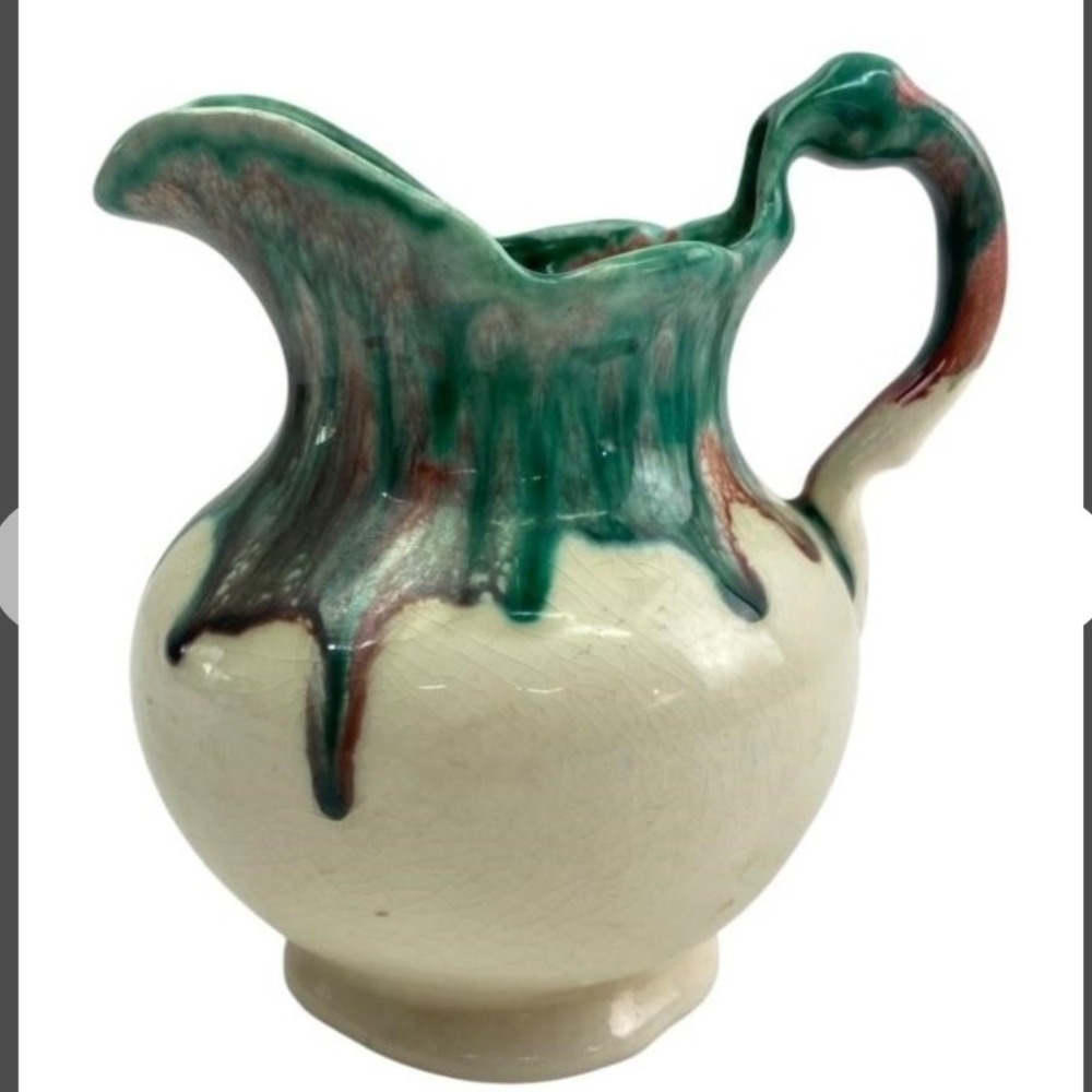 Vintage Drip Glaze Earthenware Pitcher Cream Green Burgundy Rustic Farmhouse